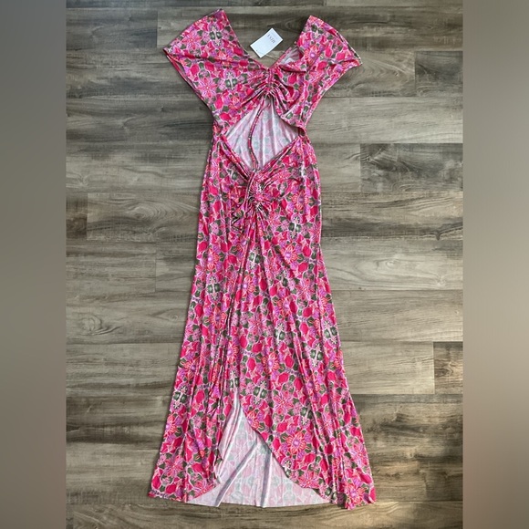 Misa Los Angeles Carlotta Cutout Ruched Maxi Dress Pink Floral Size Medium $395 - Picture 2 of 8